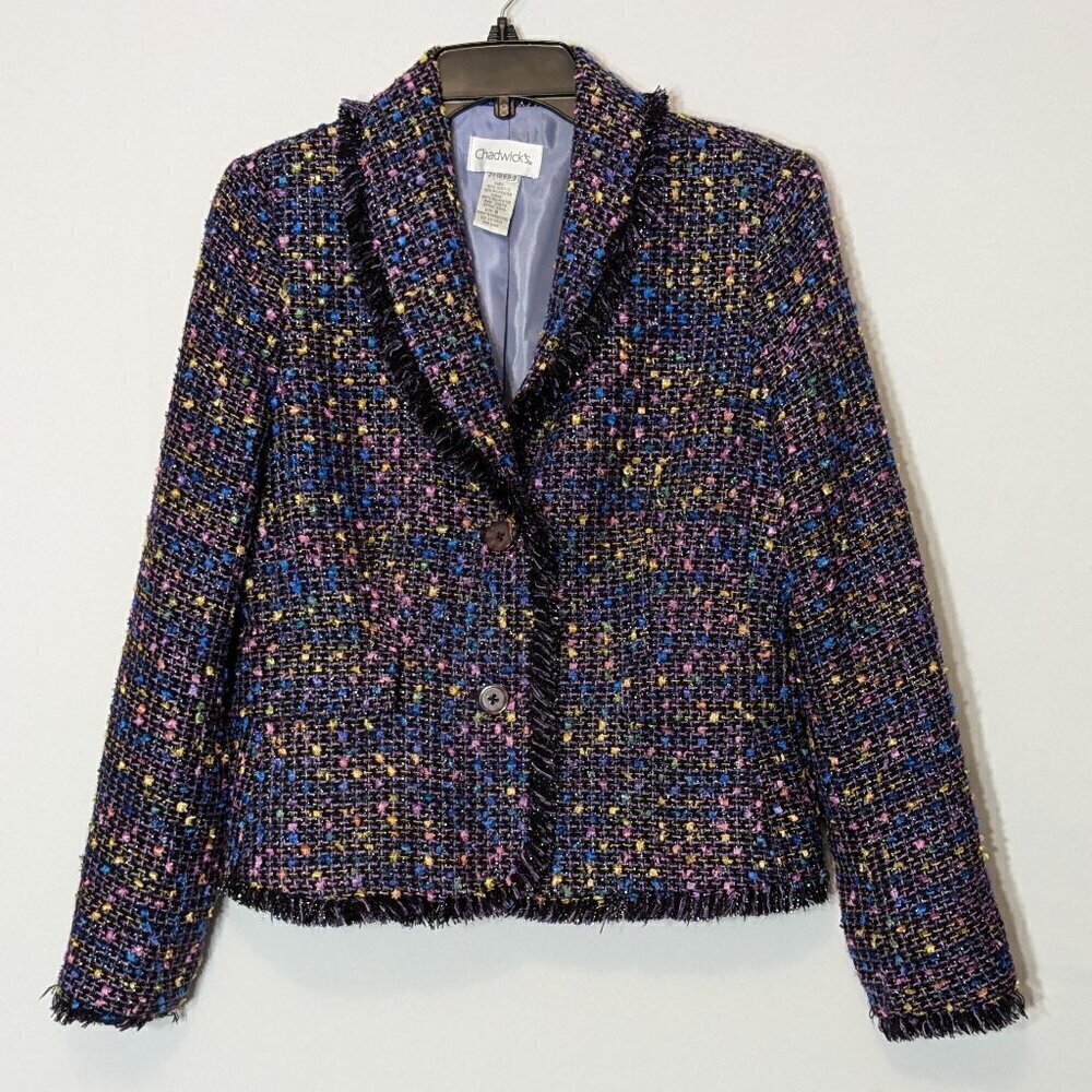 CHADWICK'S Multi-Color Tweed Casual Short Button Lined Jacket w Fringe; Size 6